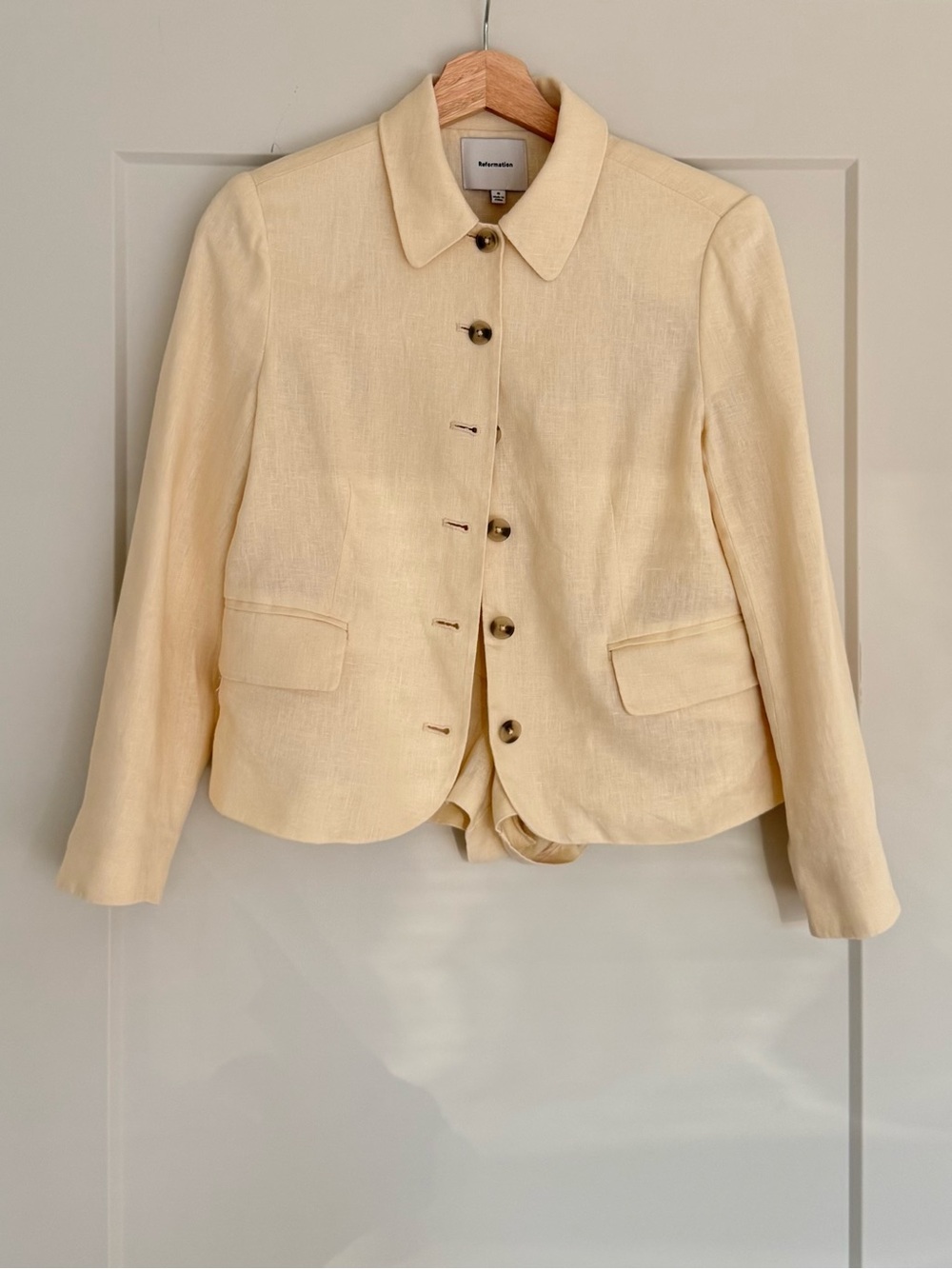 Reformation Pale Yellow Linen Button-Front Blazer